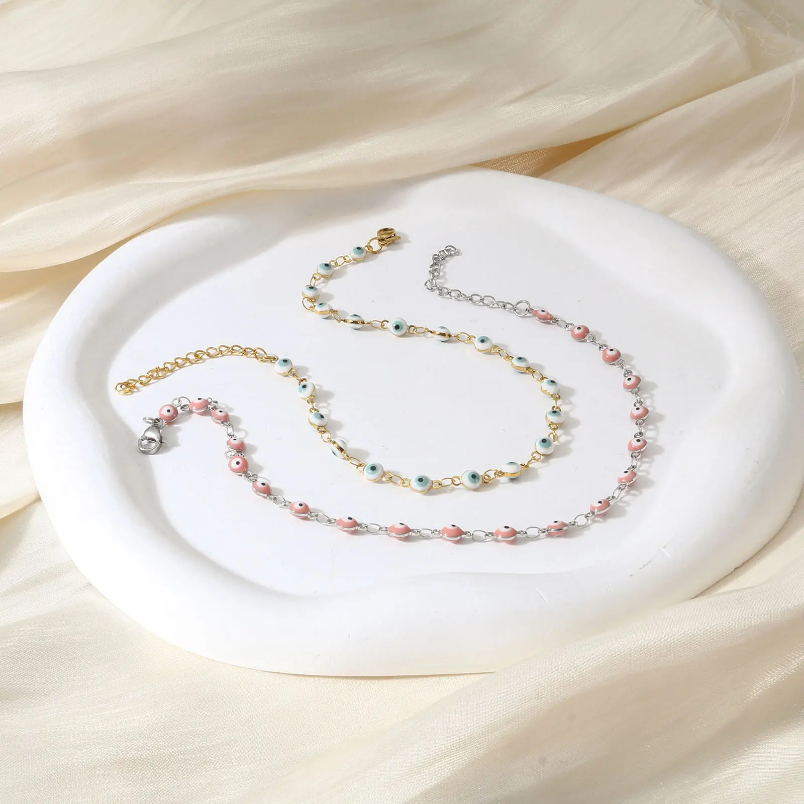 304 Stainless Steel Enamel Anklet Link Cable Chain Enamel Evil Eye For Women Beach Foot Anklet Show 24cm(9 4/8") long, 1 Piece