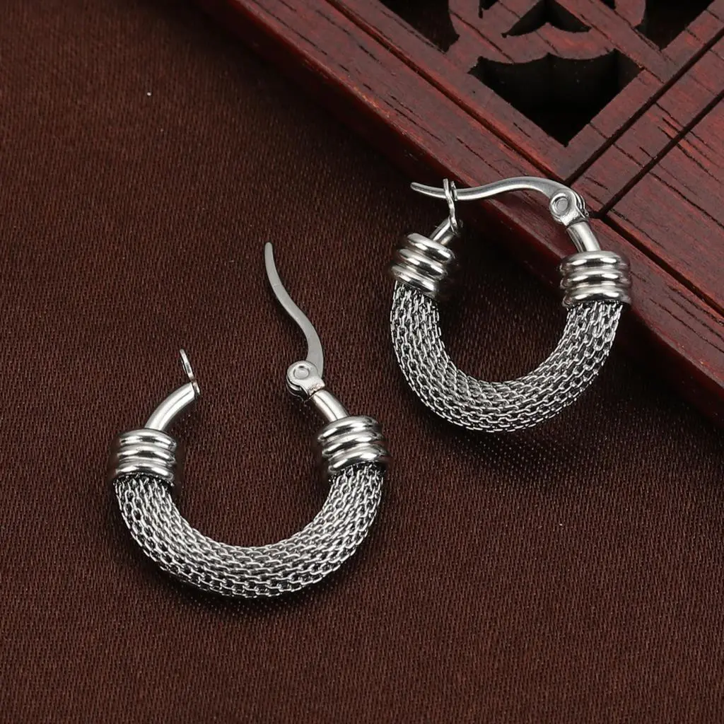 Fashion 1Pair 304 Stainless Steel Hoops Earrings Color Round Hollow Net Circle Ring Earrings For Women Man Jewelry Exquisite Ear
