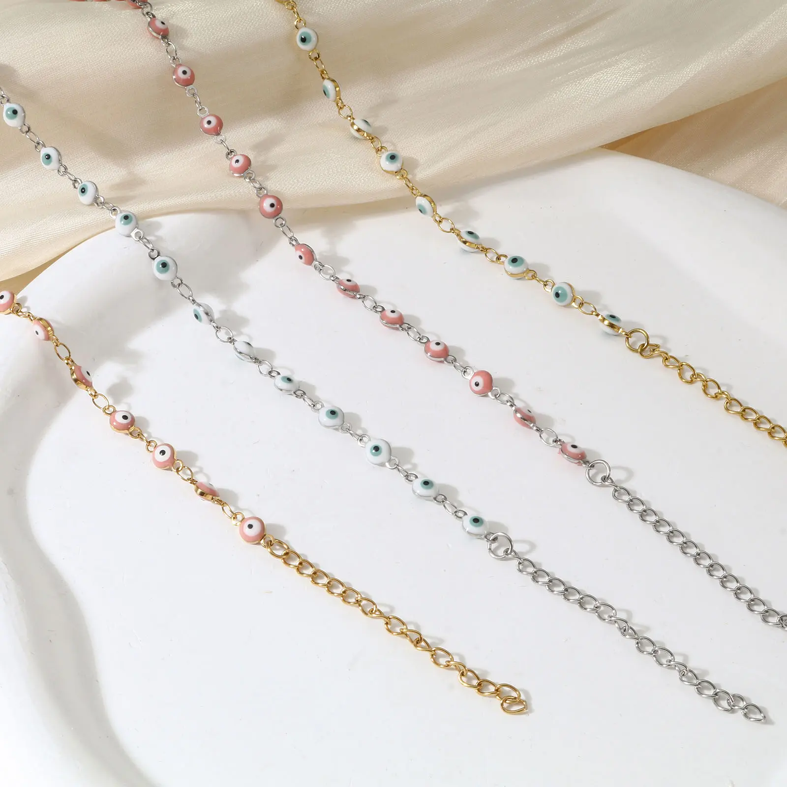 304 Stainless Steel Enamel Anklet Link Cable Chain Enamel Evil Eye For Women Beach Foot Anklet Show 24cm(9 4/8") long, 1 Piece