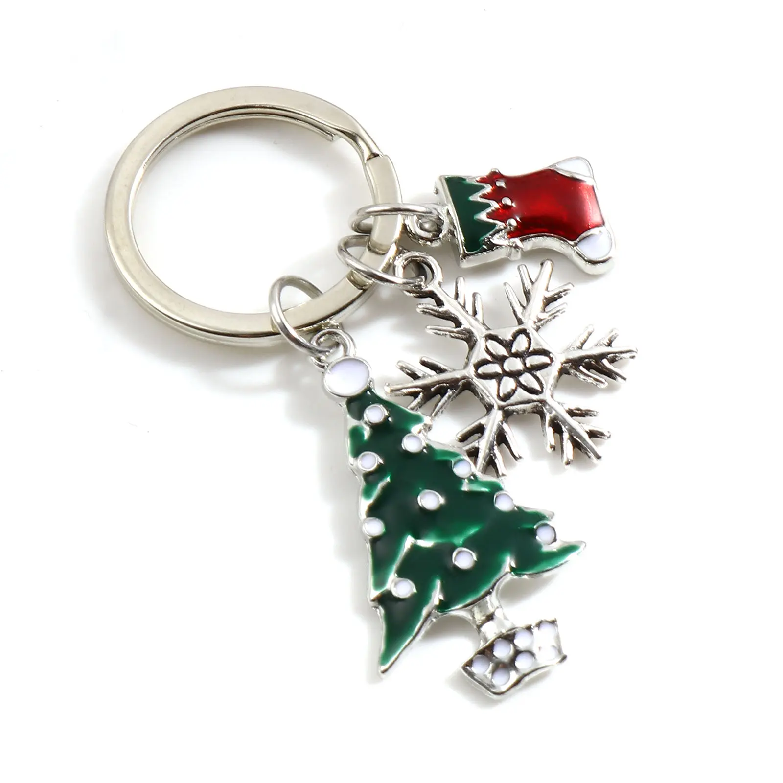 Keychain & Keyring Silver Color Red & Green Christmas Tree Christmas Stocking Snowflake Xmas Jewelry 6.1cm(2 3/8") long, 1 Piece
