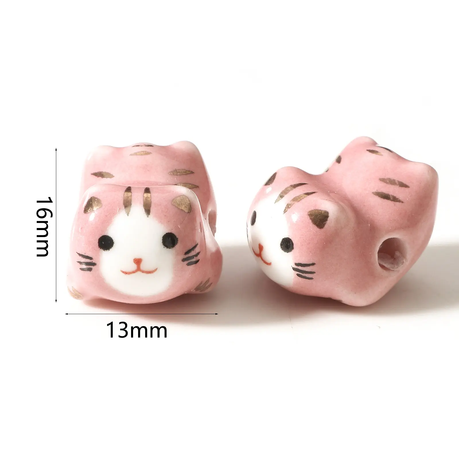 3D Cute Cat Ceramic Beads For DIY Charm Jewelry Making Cat Animal Bead Findings About 16mm x 13mm, Hole: Approx 2.5mm, 2 PCs