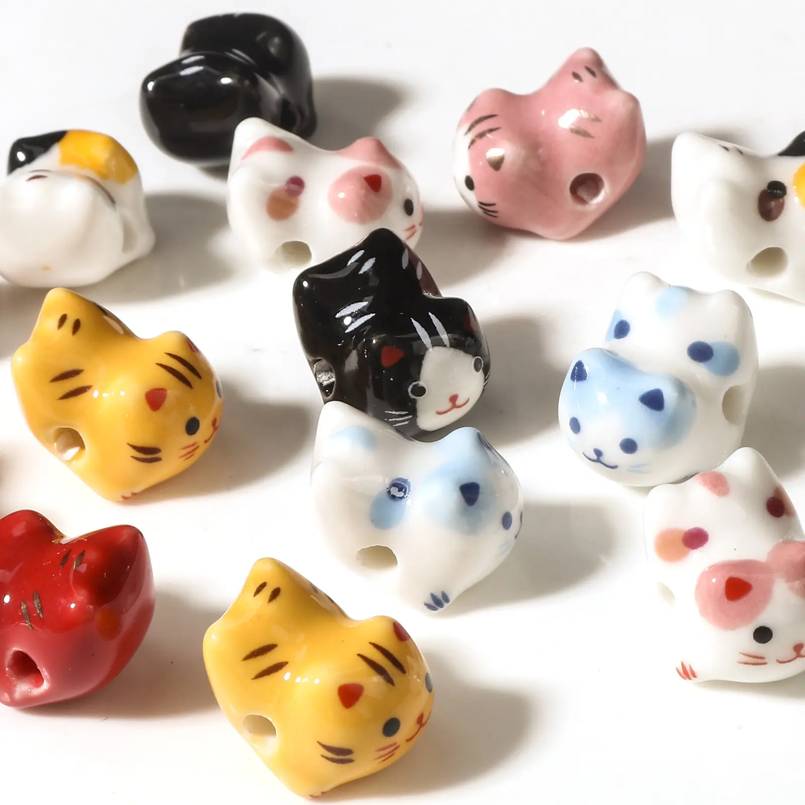 3D Cute Cat Ceramic Beads For DIY Charm Jewelry Making Cat Animal Bead Findings About 16mm x 13mm, Hole: Approx 2.5mm, 2 PCs