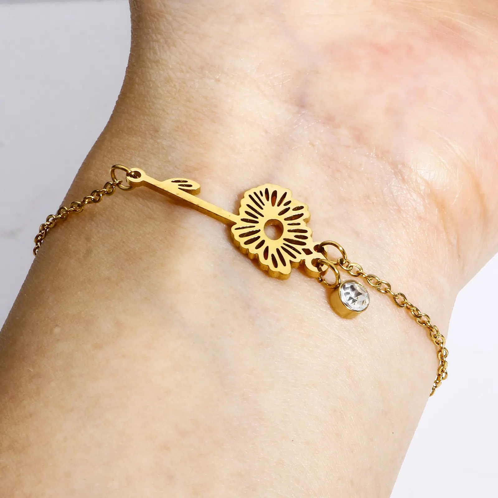 1PC Stainless Steel Birth 12 Month Flower Bracelet Birthstone Charms Gold Color Chain Bracelets For Women Jewelry Gift 16cm long