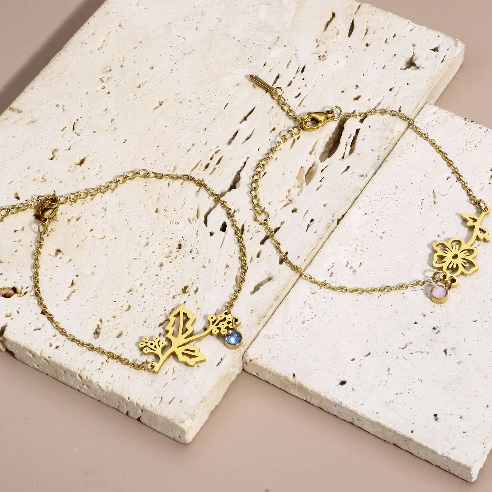 1PC Stainless Steel Birth 12 Month Flower Bracelet Birthstone Charms Gold Color Chain Bracelets For Women Jewelry Gift 16cm long