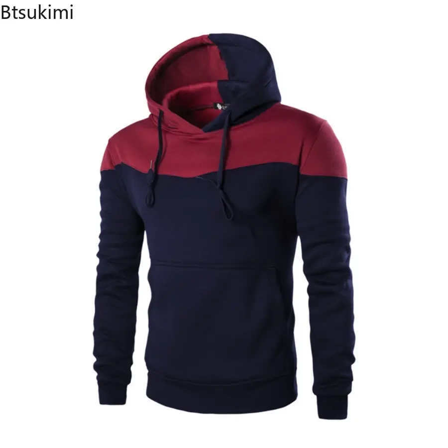New Men's Long Sleeve Casual Sport Hoodies Tops Fashion Patchwork Design Hooded Drawstring Pullovers Men Contrasting Sweatshirts