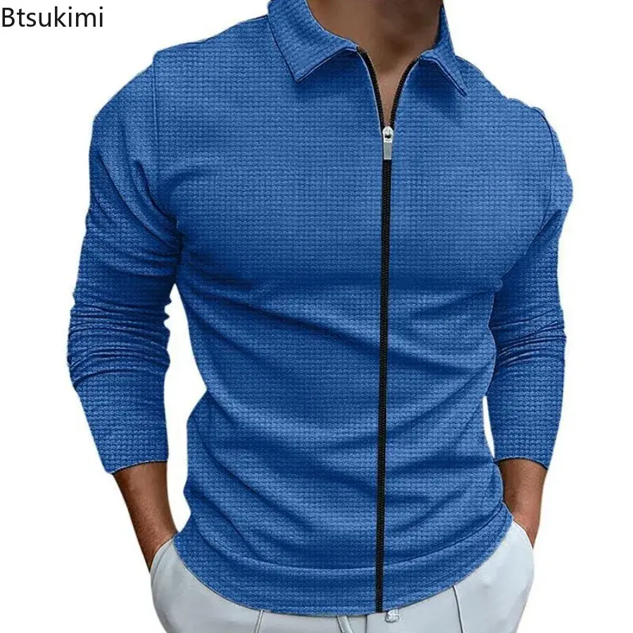 2025 Fashion Popular Waffle Solid Plaid Jackets Men's Long-sleeve Lapel Zipper Cardican Casual Sports Coats New Male Sweatshirts