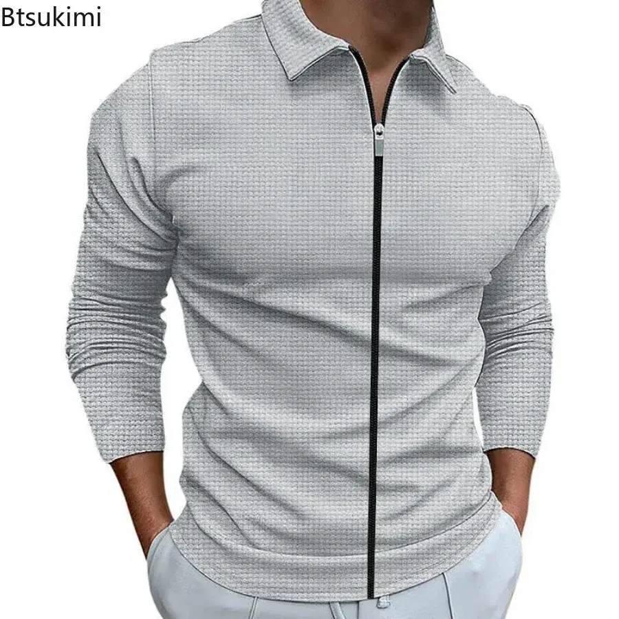 2025 Fashion Popular Waffle Solid Plaid Jackets Men's Long-sleeve Lapel Zipper Cardican Casual Sports Coats New Male Sweatshirts