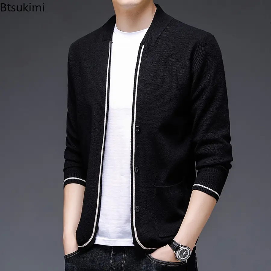 2025 New Autumn Men's Knitted Thin Cardigan Fashionable Casual Striped Jacketcoat Korean Version Slim Fit Knitted Cardigan Tops