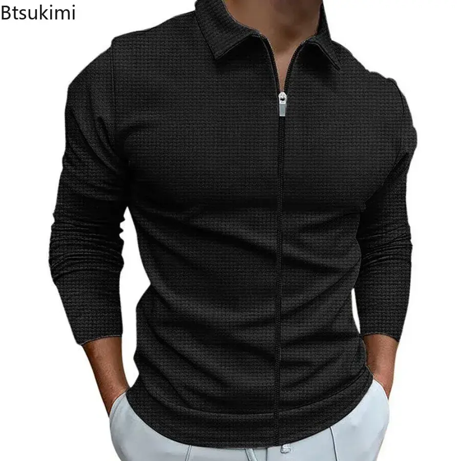 2025 Fashion Popular Waffle Solid Plaid Jackets Men's Long-sleeve Lapel Zipper Cardican Casual Sports Coats New Male Sweatshirts