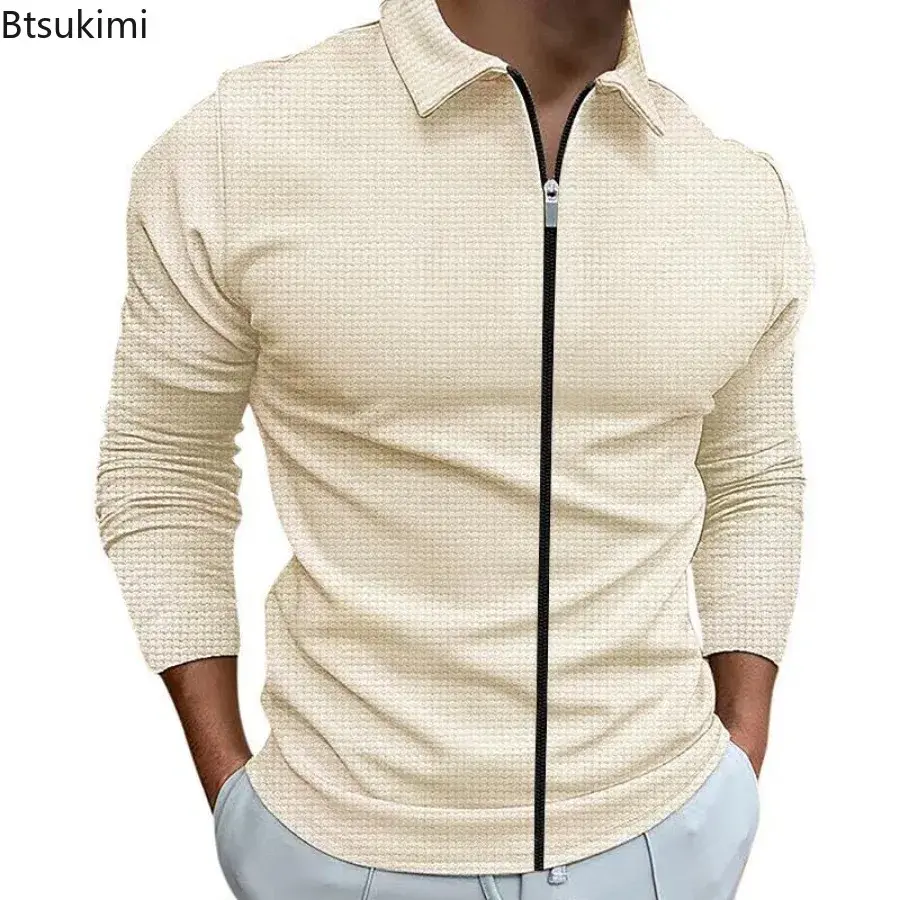 2025 Fashion Popular Waffle Solid Plaid Jackets Men's Long-sleeve Lapel Zipper Cardican Casual Sports Coats New Male Sweatshirts