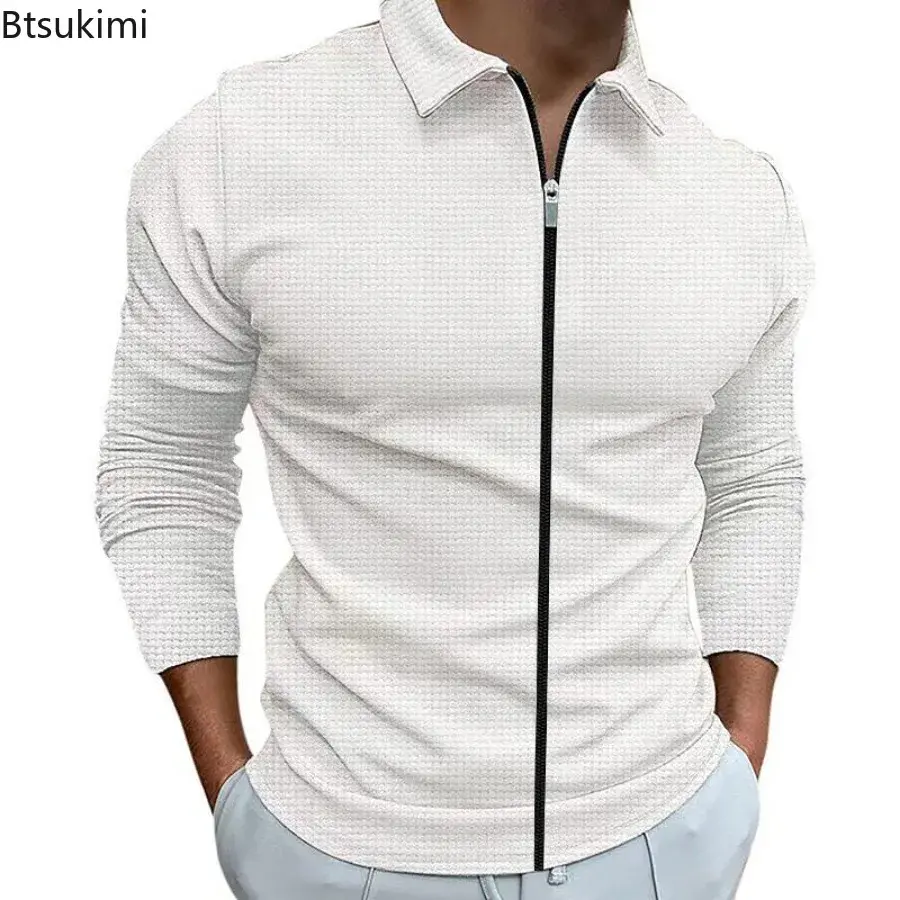 2025 Fashion Popular Waffle Solid Plaid Jackets Men's Long-sleeve Lapel Zipper Cardican Casual Sports Coats New Male Sweatshirts