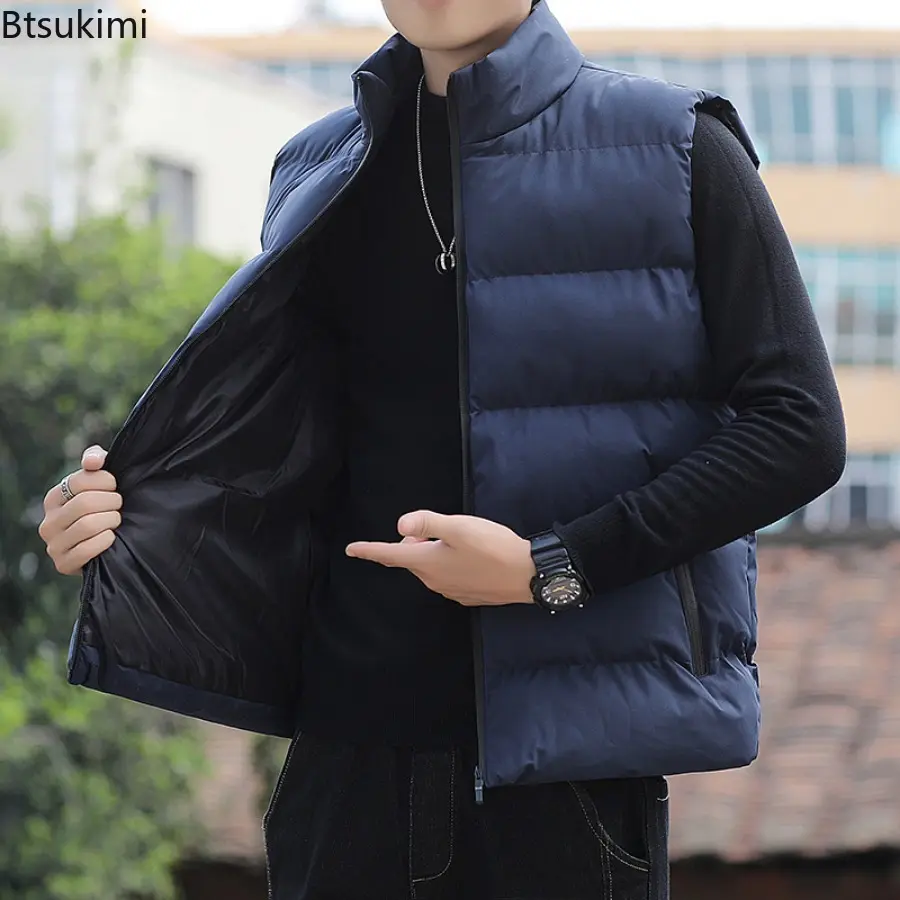 New 2024 Men's Fashion Solid Stand Collar Warm Vest Autumn Winter Double Pocket Sleeveless Down Cotton Vest Jacket Man Waistcoat