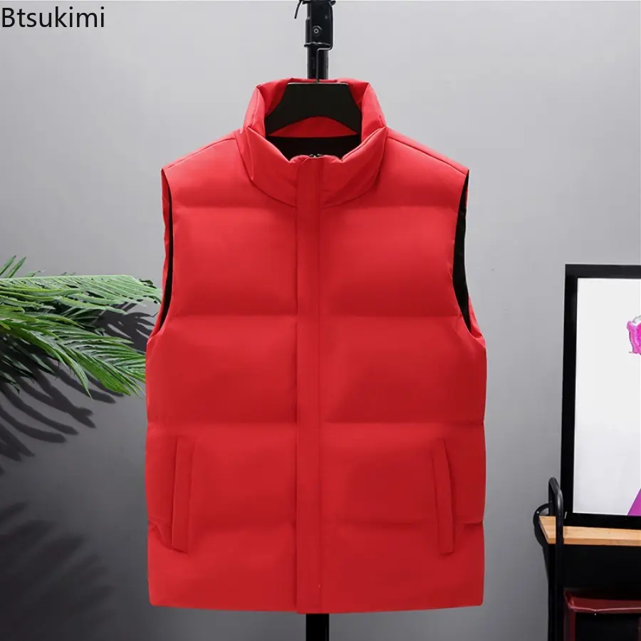 New 2024 Men's Fashion Solid Stand Collar Warm Vest Autumn Winter Double Pocket Sleeveless Down Cotton Vest Jacket Man Waistcoat