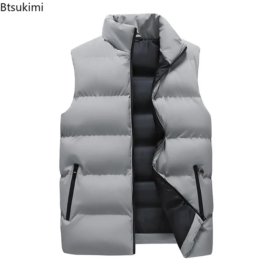 New 2024 Men's Fashion Solid Stand Collar Warm Vest Autumn Winter Double Pocket Sleeveless Down Cotton Vest Jacket Man Waistcoat