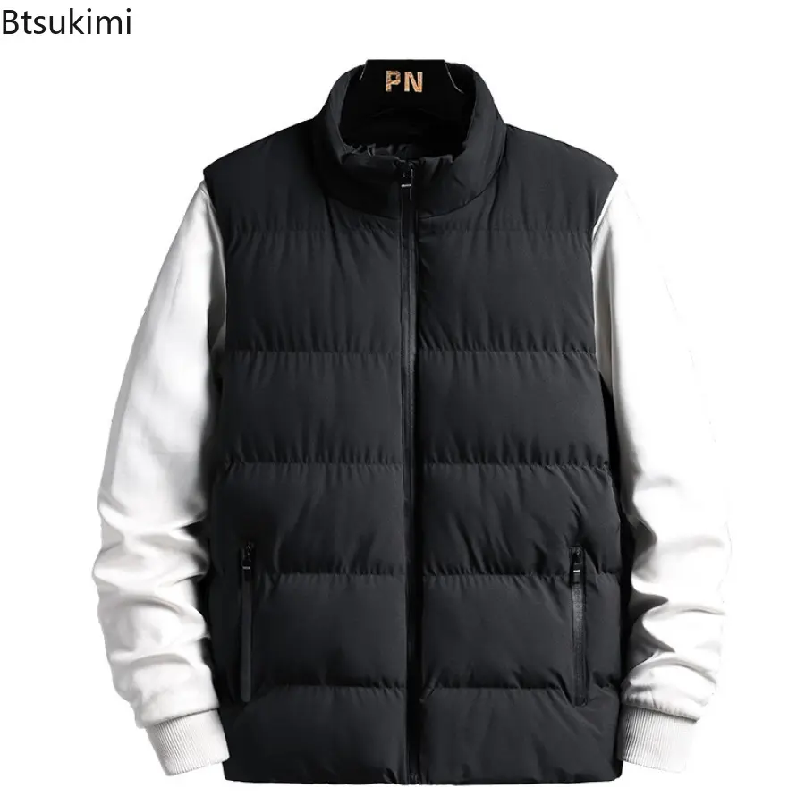 New 2024 Men's Fashion Solid Stand Collar Warm Vest Autumn Winter Double Pocket Sleeveless Down Cotton Vest Jacket Man Waistcoat