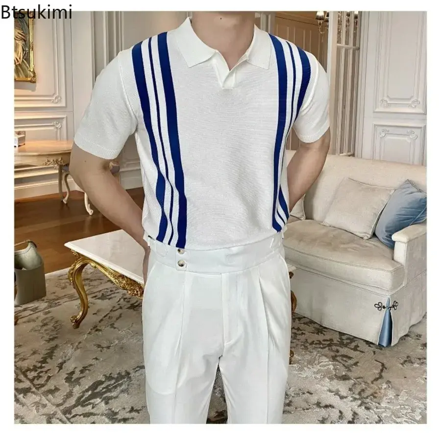 2025 Summer Men's Patchwork Short Sleeve Polo Shirt Trend Simple Knitted Lapel Shirt Casual Contrast Color Vacation Tops for Men