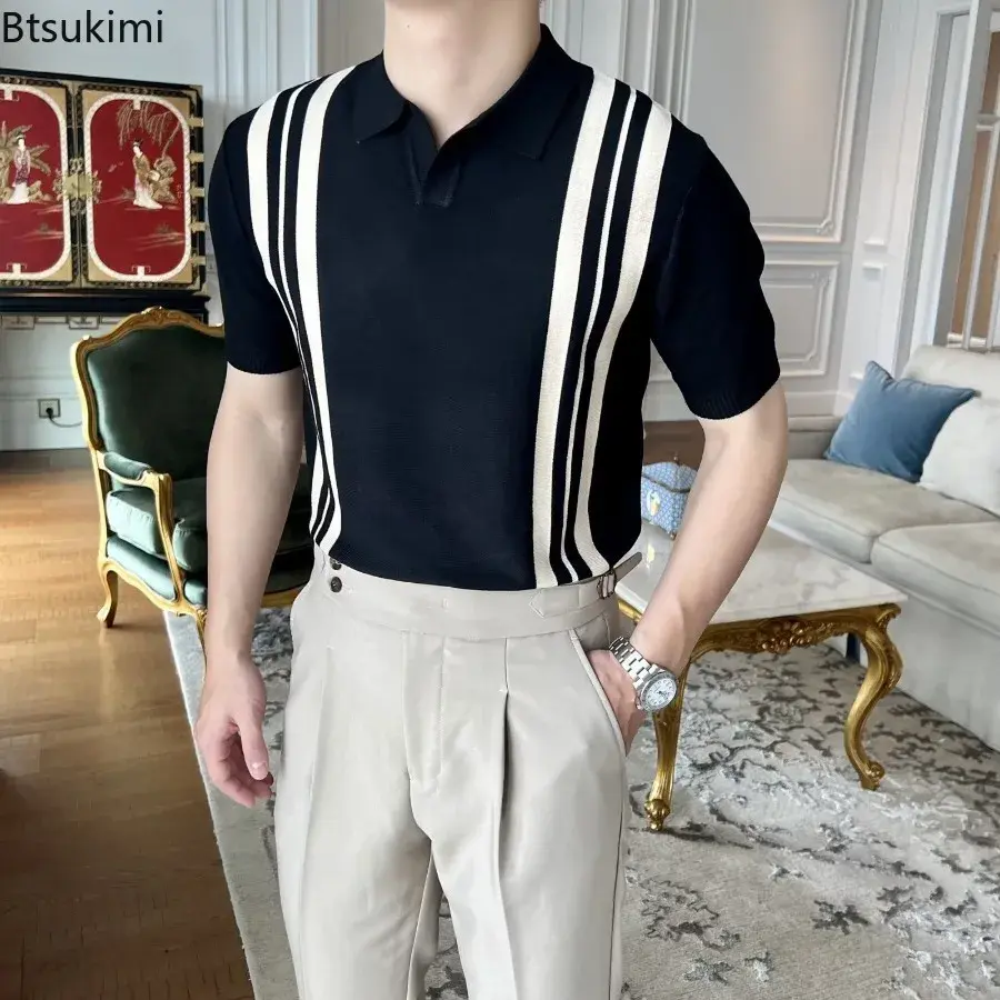 2025 Summer Men's Patchwork Short Sleeve Polo Shirt Trend Simple Knitted Lapel Shirt Casual Contrast Color Vacation Tops for Men