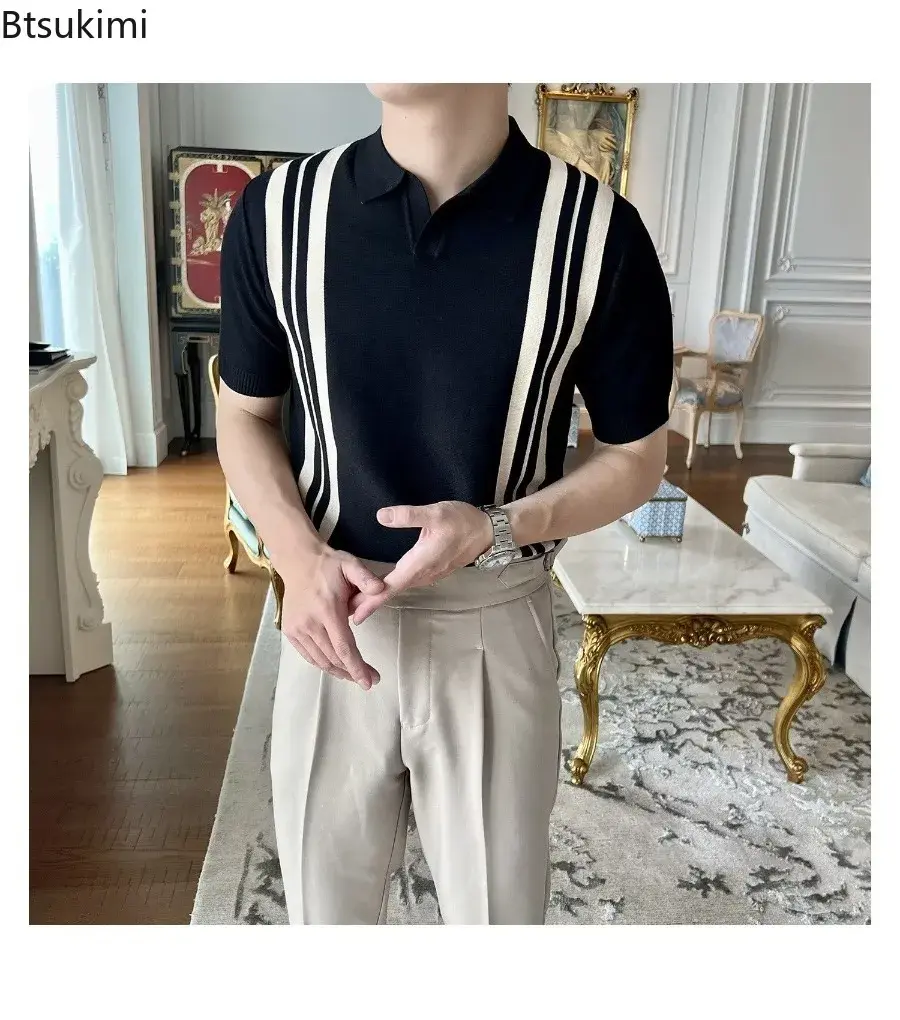 2025 Summer Men's Patchwork Short Sleeve Polo Shirt Trend Simple Knitted Lapel Shirt Casual Contrast Color Vacation Tops for Men