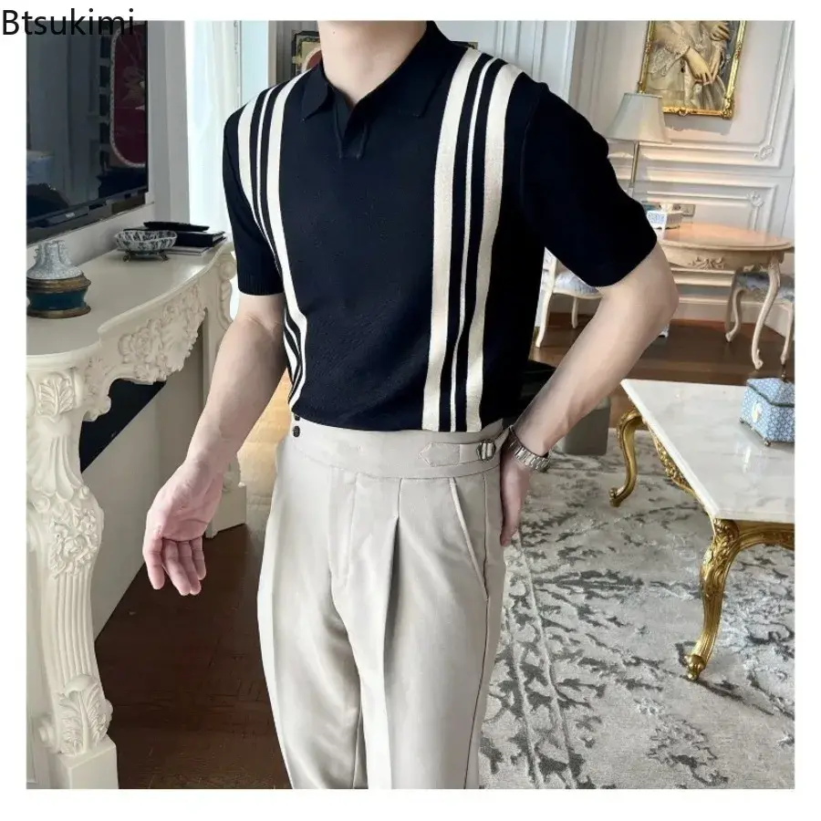 2025 Summer Men's Patchwork Short Sleeve Polo Shirt Trend Simple Knitted Lapel Shirt Casual Contrast Color Vacation Tops for Men
