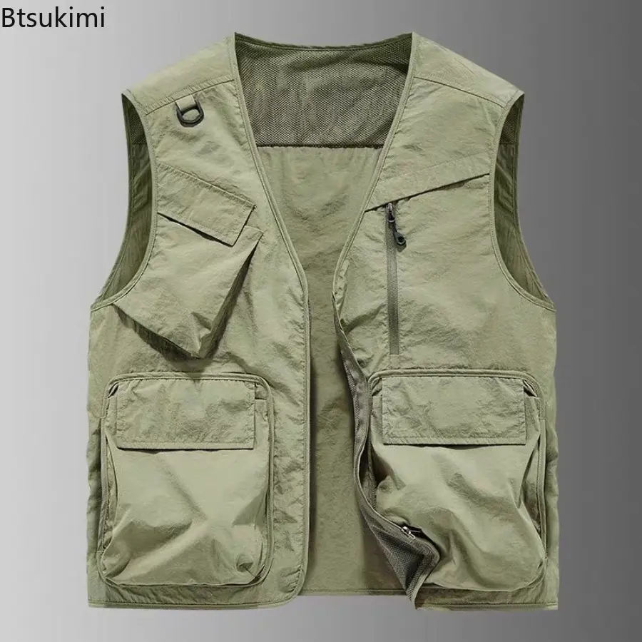 2025 Summer New Men Tactical Hiking Fishing Vest Multiple Pockets Photographer Waistcoat Mesh Cargo Sleeveless Jacket Tool Vest