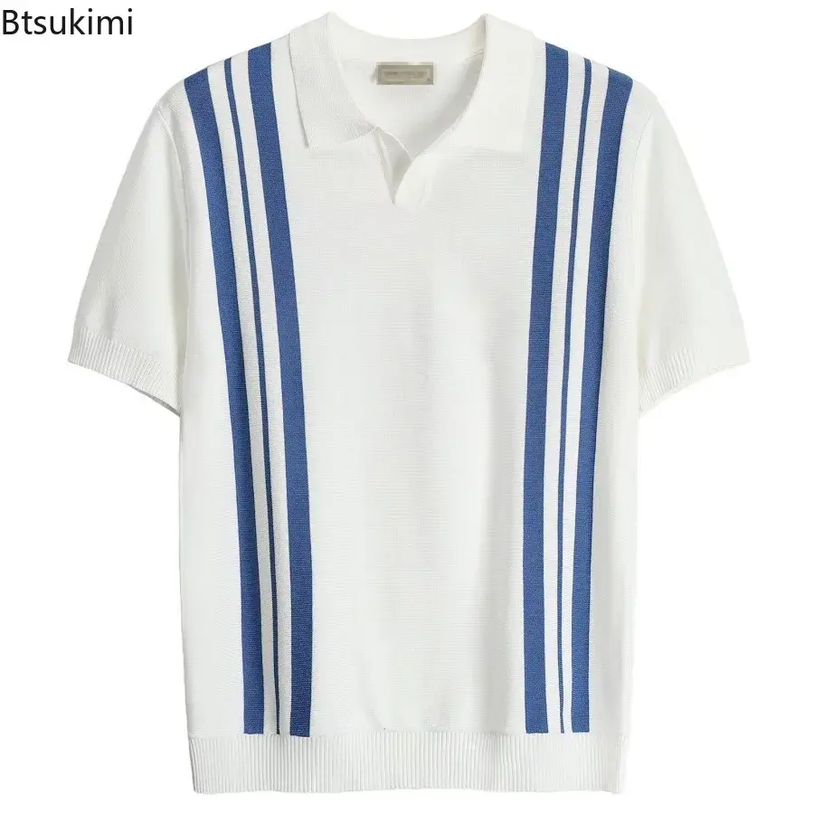 2025 Summer Men's Patchwork Short Sleeve Polo Shirt Trend Simple Knitted Lapel Shirt Casual Contrast Color Vacation Tops for Men