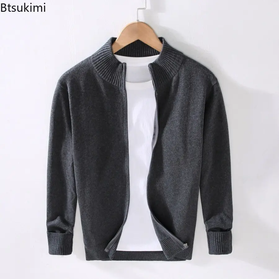 2025 Spring Autumn Men's Pure Cotton Cardigan Fashionable Solid Color Zipper-up Sweater Casual Business Slimming Knitted Tops