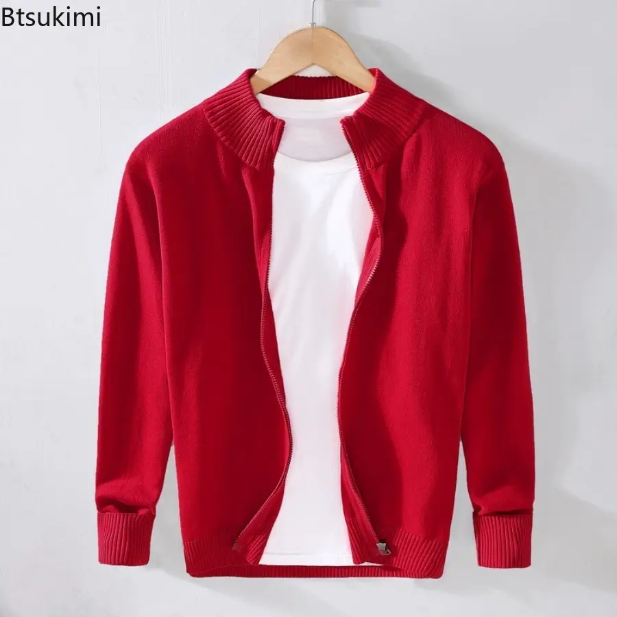 2025 Spring Autumn Men's Pure Cotton Cardigan Fashionable Solid Color Zipper-up Sweater Casual Business Slimming Knitted Tops