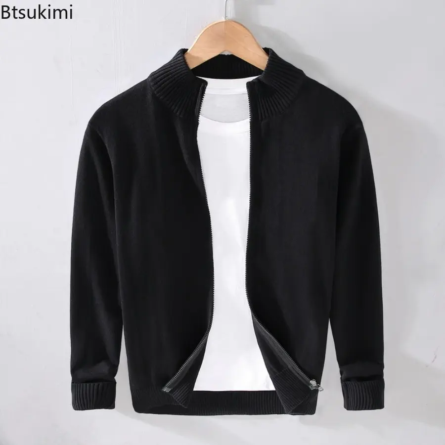 2025 Spring Autumn Men's Pure Cotton Cardigan Fashionable Solid Color Zipper-up Sweater Casual Business Slimming Knitted Tops
