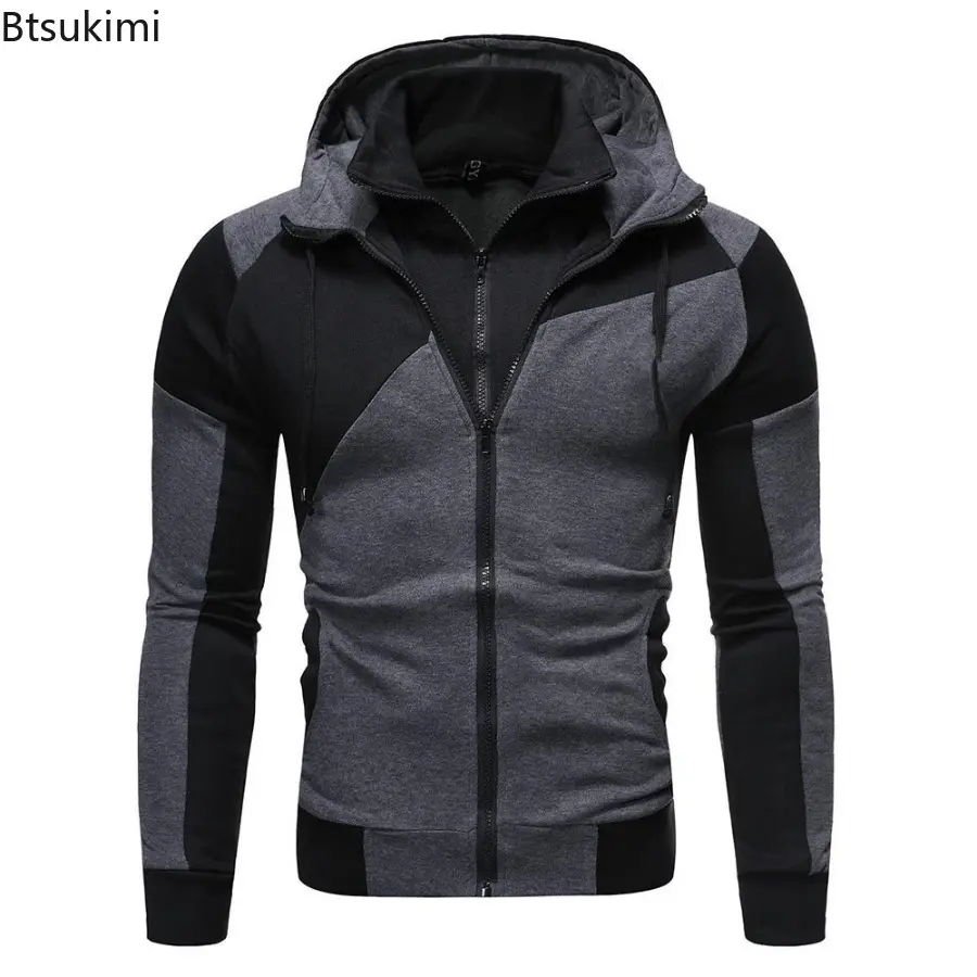 2025 Men's Fashion Patchwork Hooded Jacket Handsome Double Zipper Design Casual Sweatshirts Men Contrast Sport Hoodies Cardigan
