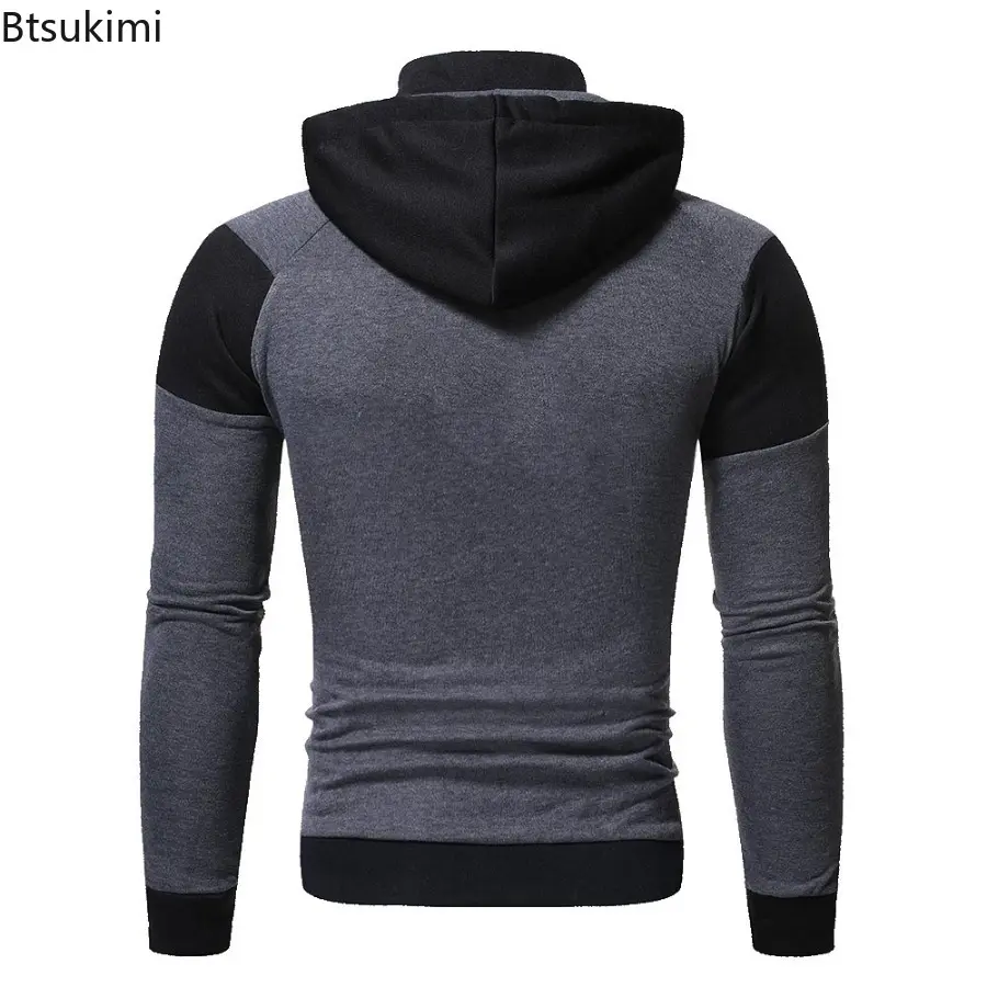 2025 Men's Fashion Patchwork Hooded Jacket Handsome Double Zipper Design Casual Sweatshirts Men Contrast Sport Hoodies Cardigan