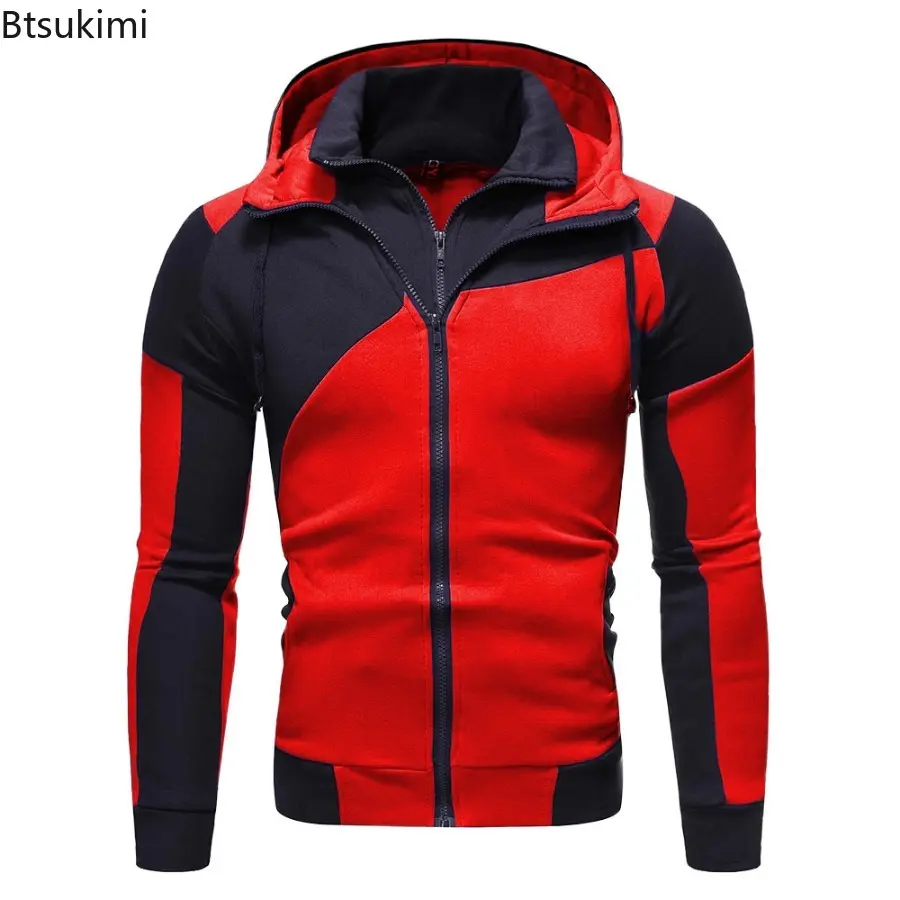 2025 Men's Fashion Patchwork Hooded Jacket Handsome Double Zipper Design Casual Sweatshirts Men Contrast Sport Hoodies Cardigan