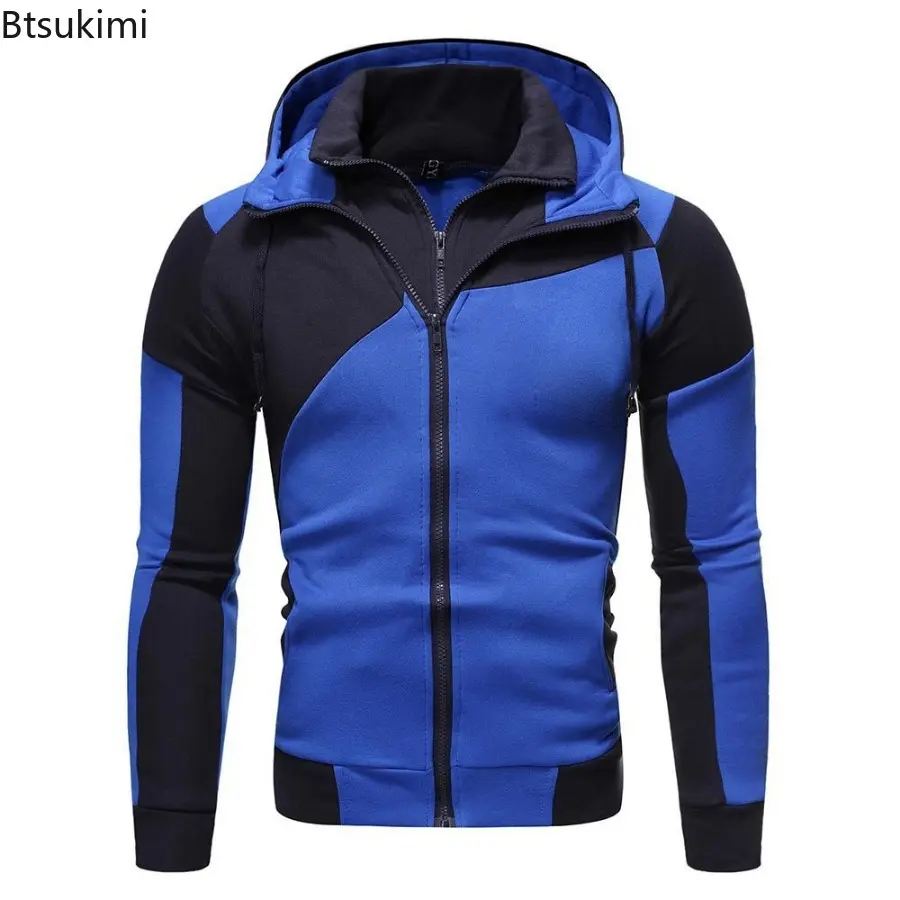 2025 Men's Fashion Patchwork Hooded Jacket Handsome Double Zipper Design Casual Sweatshirts Men Contrast Sport Hoodies Cardigan