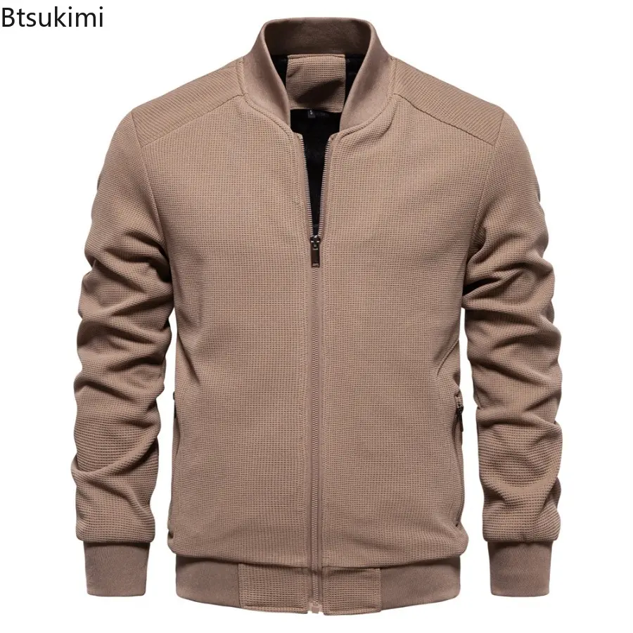 Mens Solid Color Waffle Jacket Autumn Winter Warm Casual Stand-up Collar Zipper Pocket Outwear Fashionable Slim Fit Jacketcoat