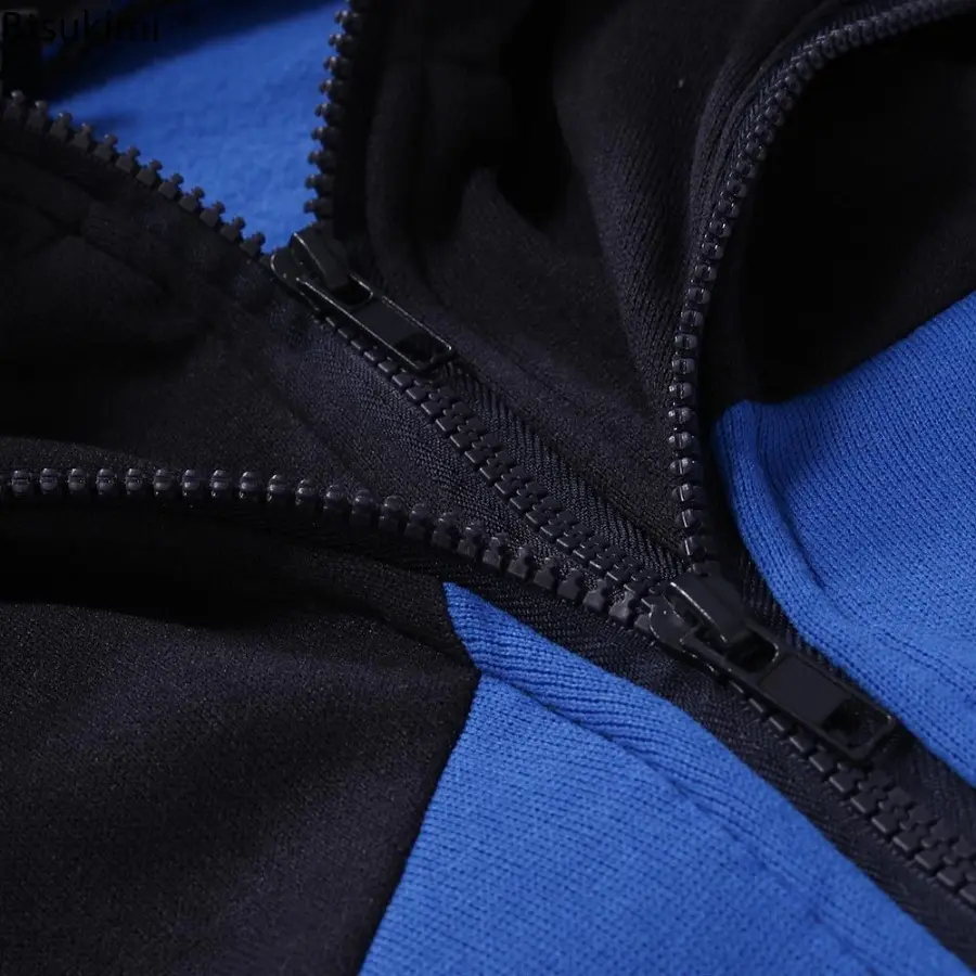 2025 Men's Fashion Patchwork Hooded Jacket Handsome Double Zipper Design Casual Sweatshirts Men Contrast Sport Hoodies Cardigan