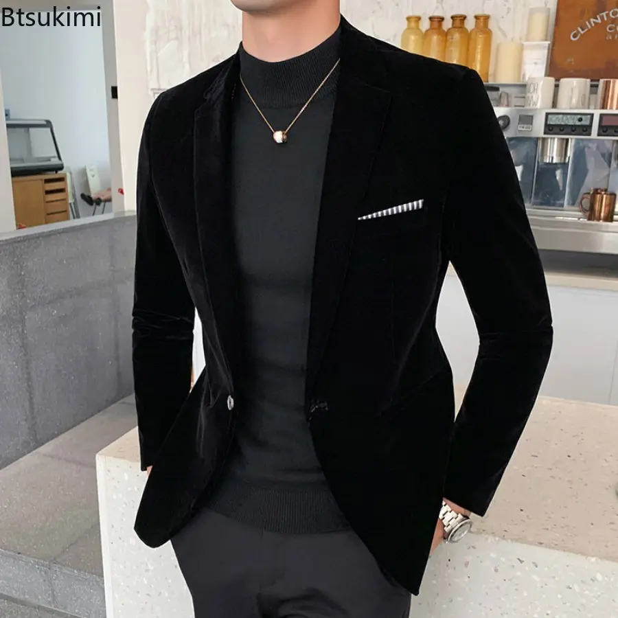 New 2025 Men's Korean Style Suit Coat Luxuty Velvet Blazers Fashion Casual Men Slim Formal Wear Dress Men Small Suit Jacket Tops