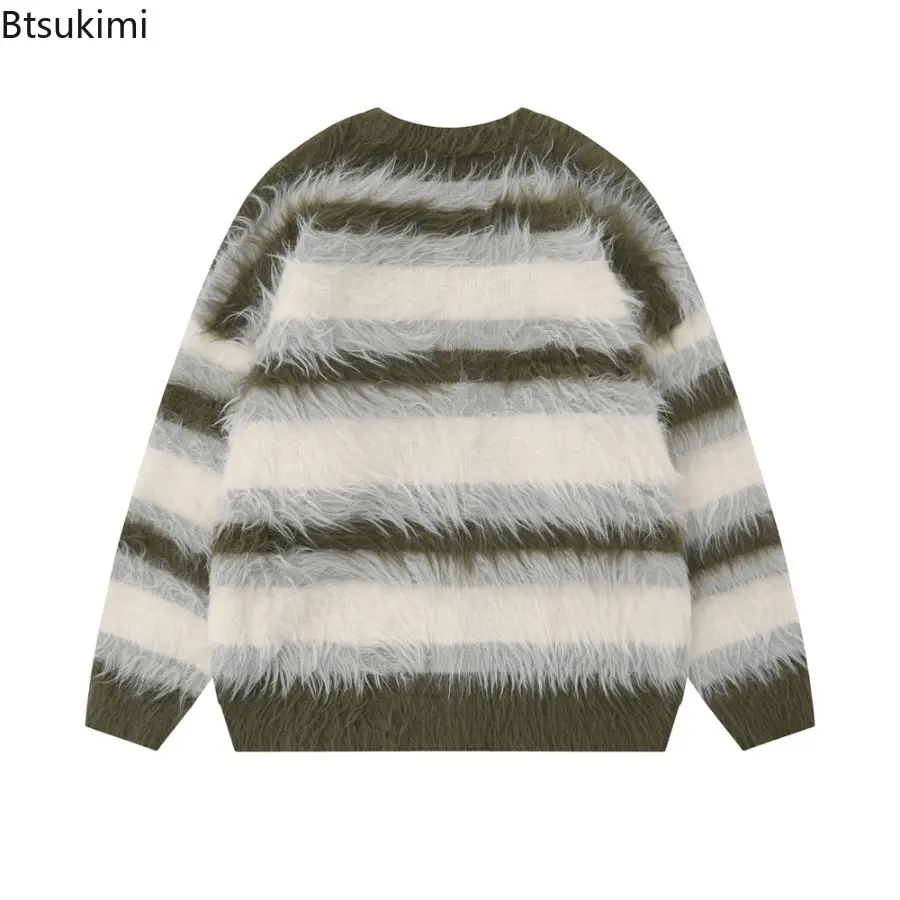 Men's Striped Plush V-neck Sweater Autumn Winter Loose Casual Brushed Knit Coat Trendy Versatile Comfortable Harajuku Cardigan