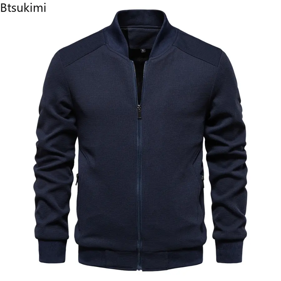 Mens Solid Color Waffle Jacket Autumn Winter Warm Casual Stand-up Collar Zipper Pocket Outwear Fashionable Slim Fit Jacketcoat