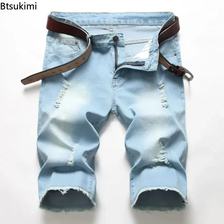 2025 New Denim Shorts for Men Fashion Casual Stretch Straight Short Jeans Men Summer Trend Holes Slim Fit Cowboy Short Trousers