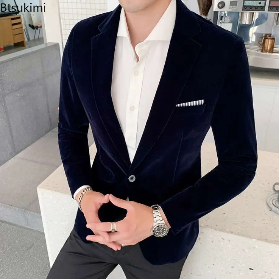 New 2025 Men's Korean Style Suit Coat Luxuty Velvet Blazers Fashion Casual Men Slim Formal Wear Dress Men Small Suit Jacket Tops