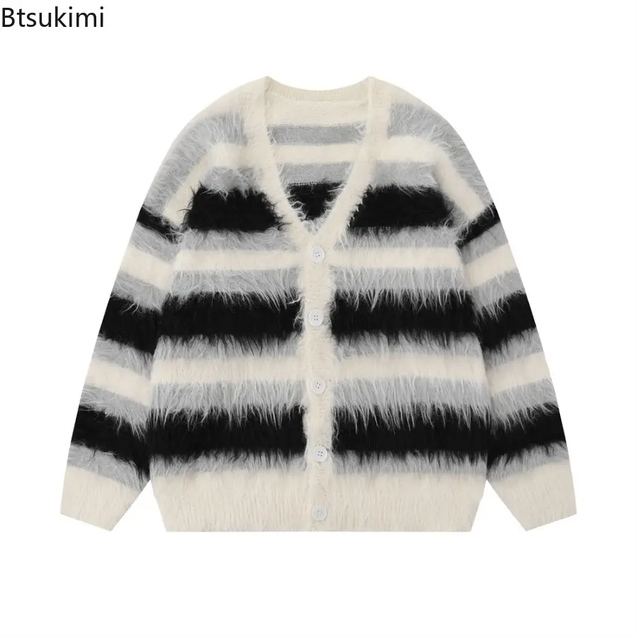 Men's Striped Plush V-neck Sweater Autumn Winter Loose Casual Brushed Knit Coat Trendy Versatile Comfortable Harajuku Cardigan