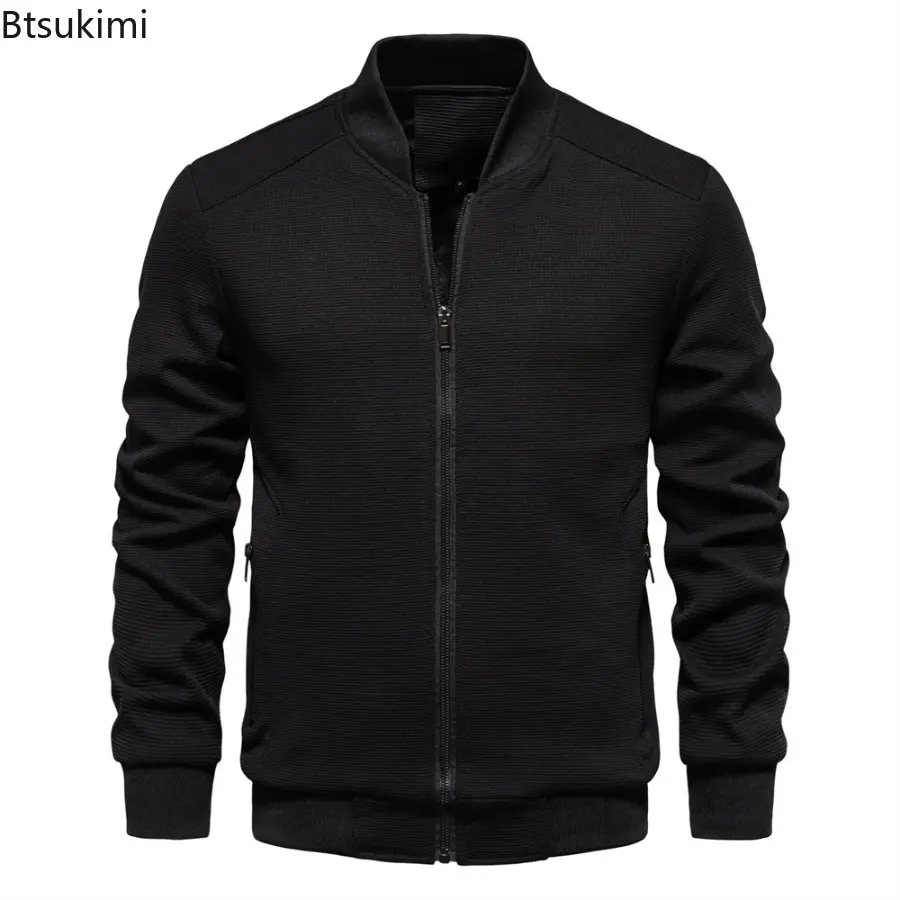 Mens Solid Color Waffle Jacket Autumn Winter Warm Casual Stand-up Collar Zipper Pocket Outwear Fashionable Slim Fit Jacketcoat
