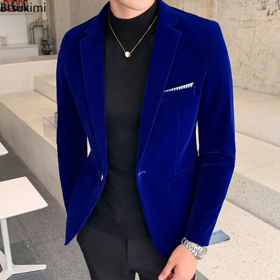 New 2025 Men's Korean Style Suit Coat Luxuty Velvet Blazers Fashion Casual Men Slim Formal Wear Dress Men Small Suit Jacket Tops