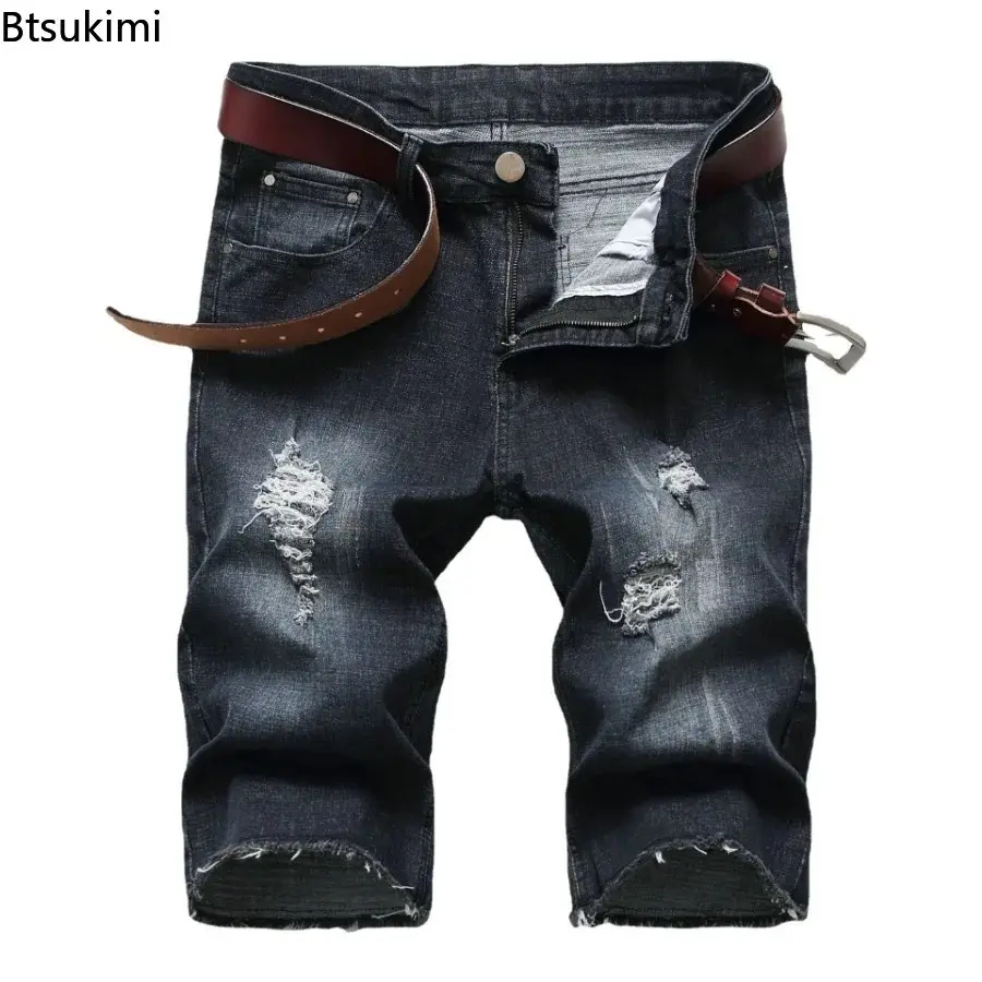 2025 New Denim Shorts for Men Fashion Casual Stretch Straight Short Jeans Men Summer Trend Holes Slim Fit Cowboy Short Trousers