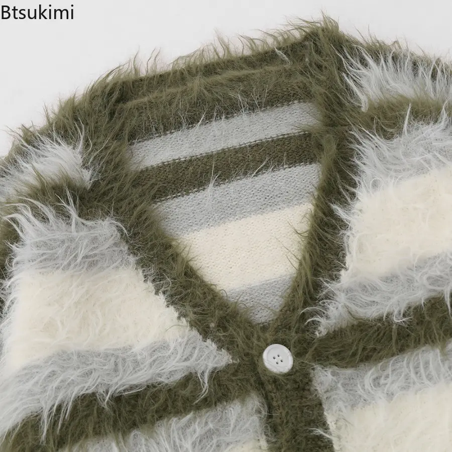 Men's Striped Plush V-neck Sweater Autumn Winter Loose Casual Brushed Knit Coat Trendy Versatile Comfortable Harajuku Cardigan