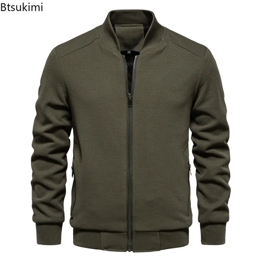 Mens Solid Color Waffle Jacket Autumn Winter Warm Casual Stand-up Collar Zipper Pocket Outwear Fashionable Slim Fit Jacketcoat