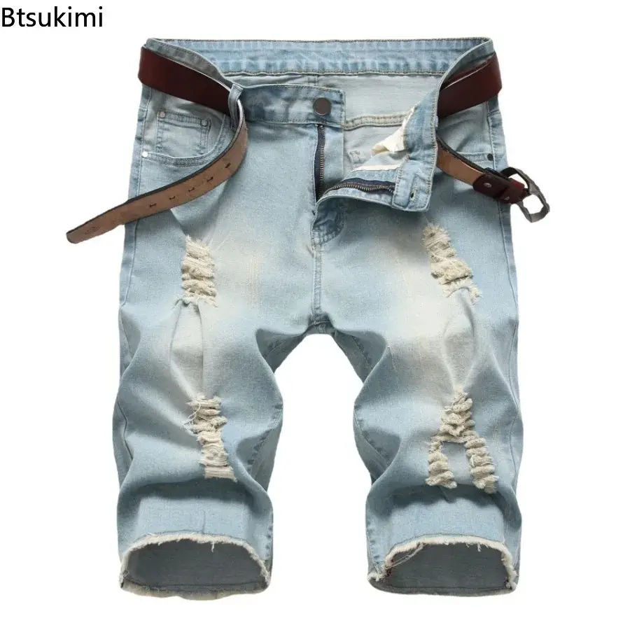 2025 New Denim Shorts for Men Fashion Casual Stretch Straight Short Jeans Men Summer Trend Holes Slim Fit Cowboy Short Trousers