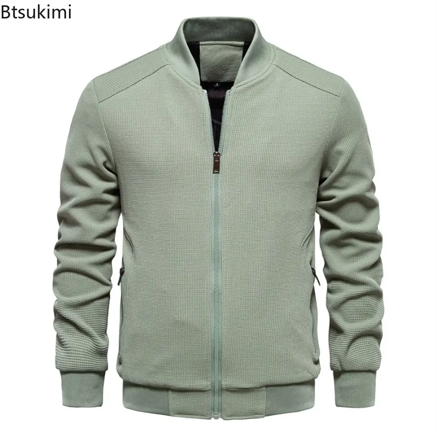Mens Solid Color Waffle Jacket Autumn Winter Warm Casual Stand-up Collar Zipper Pocket Outwear Fashionable Slim Fit Jacketcoat