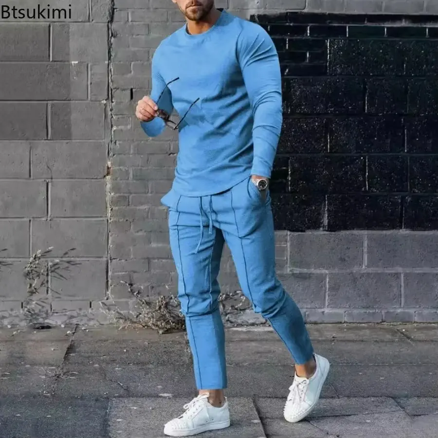 2025 Spring New Men's Casual Sport Two-pieces Fashion Solid Long Sleeve O-neck T-shirt and Sweatpants Suits Men Tracksuit Outfit