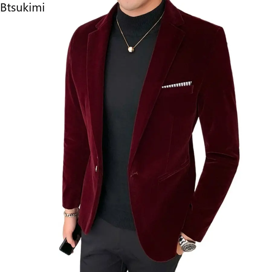 New 2025 Men's Korean Style Suit Coat Luxuty Velvet Blazers Fashion Casual Men Slim Formal Wear Dress Men Small Suit Jacket Tops