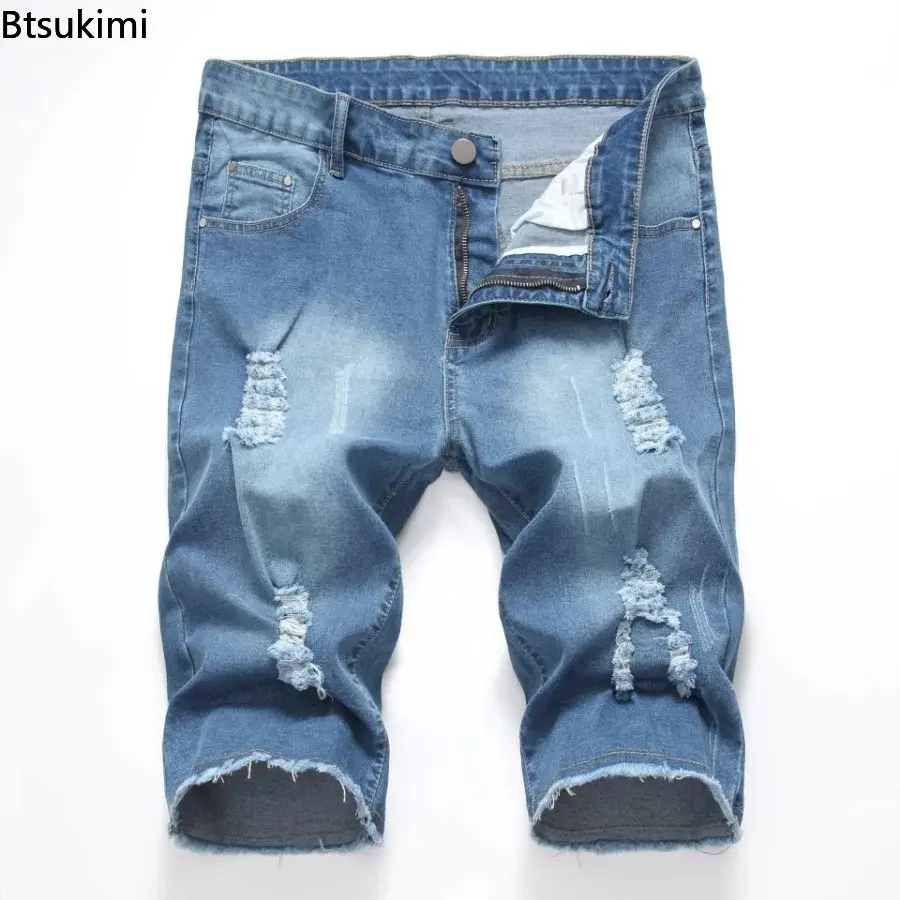 2025 New Denim Shorts for Men Fashion Casual Stretch Straight Short Jeans Men Summer Trend Holes Slim Fit Cowboy Short Trousers